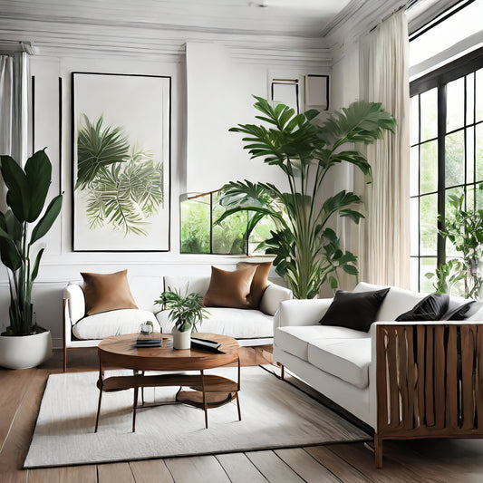 White living room with wood accents and natural motif